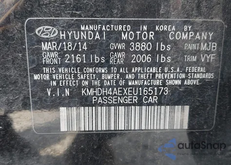 2014 Hyundai Elantra Se from USA, damaged, VIN KMHDH4AEXEU165173